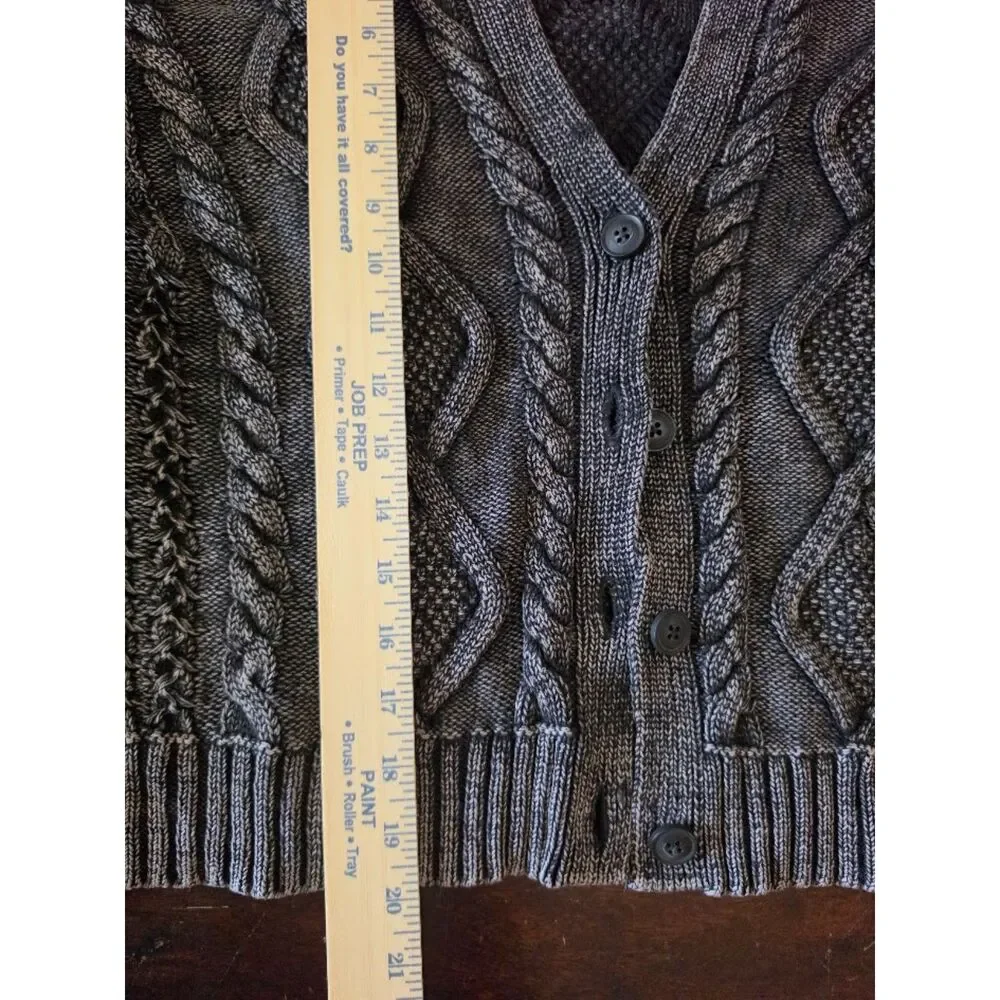 XS Lucky Brand cardigan is a charcoal cable knit button-up featuring a heavy aci